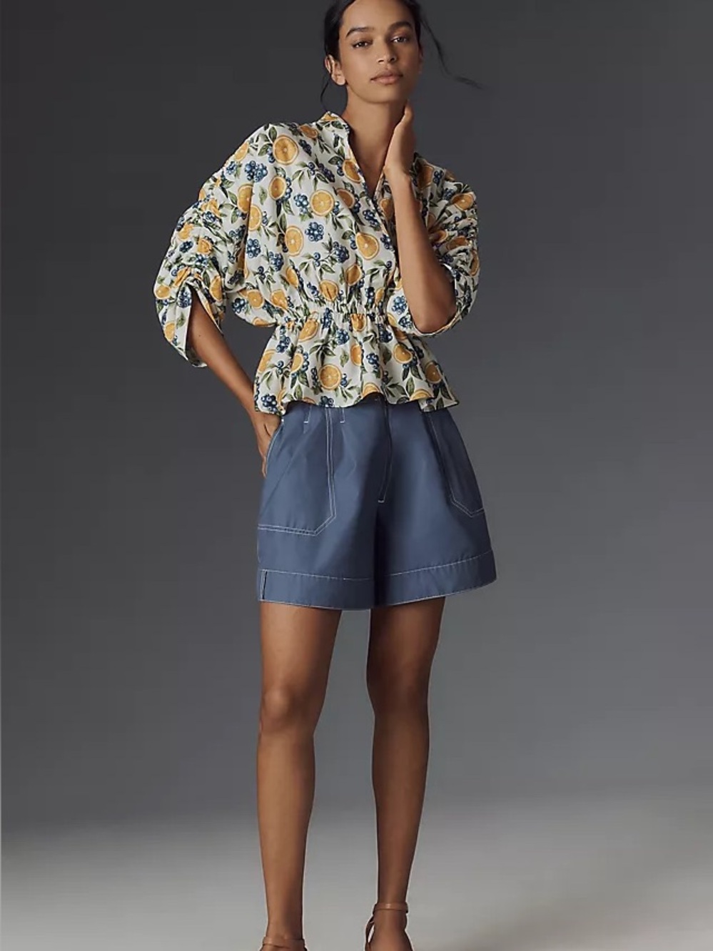 Anthropologie Maeve White Yellow Lemon Blueberry Print Ruched Peplum Blouse Sz S